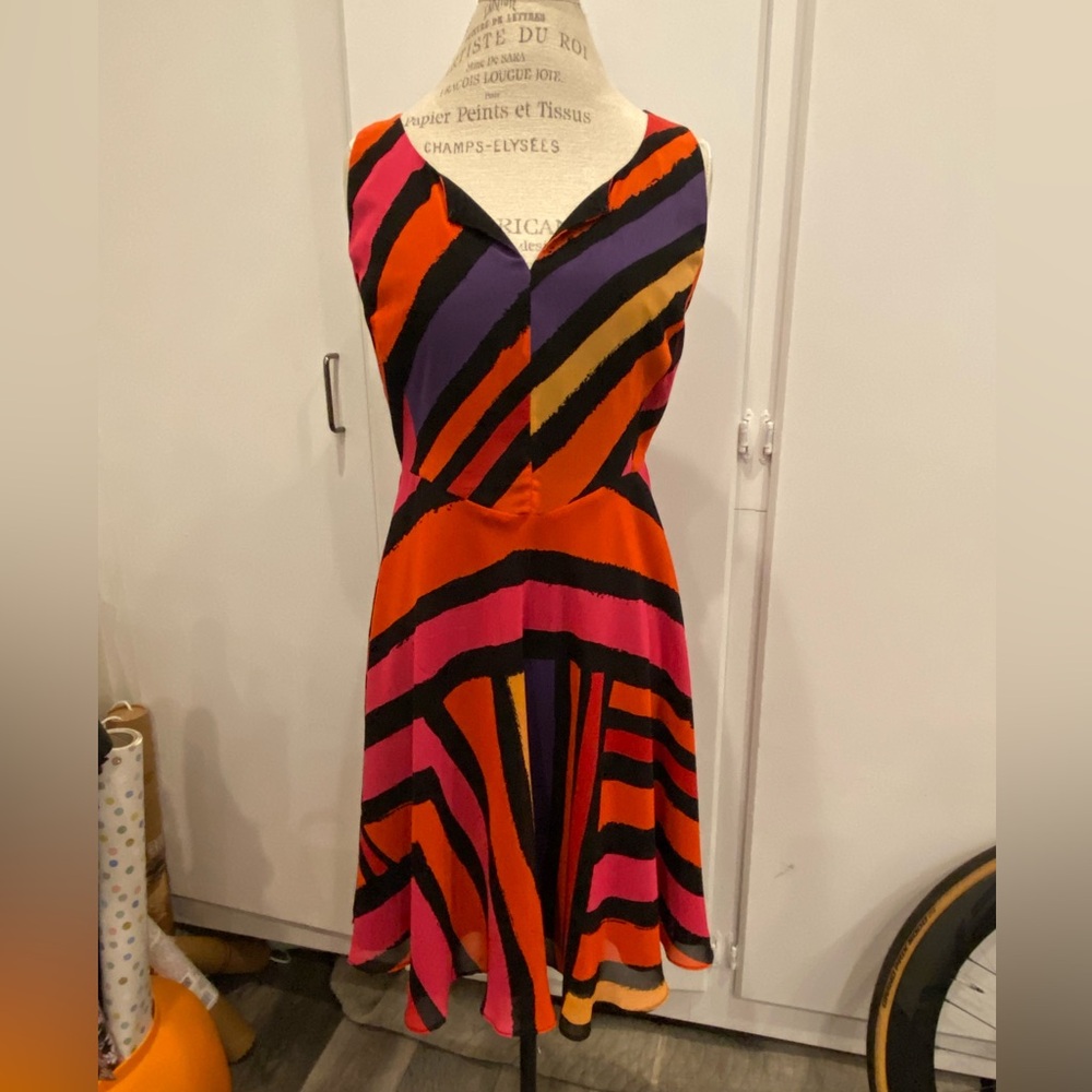 CAbi Asymmetrical Dress in Vibrant Stripes